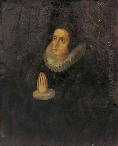 Portrait of a lady, three-quarter-length, in a black dress and lace collar and cuffs, at prayer by English School