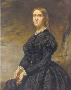 Portrait of a lady, three-quarter-length, in a black dress with white lace trim by English School