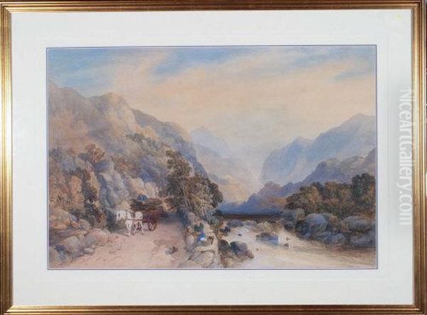 A Horsecart And Figures On A Road By A River In Mountainous Country - view 1