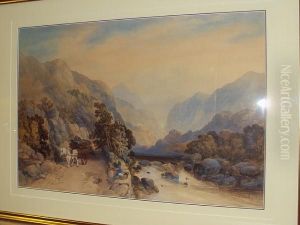 Mountainous River Landscape, With Figures, Horse And Cart On A Riverside Track