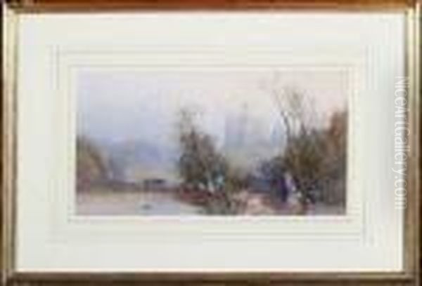 Warkworth Castle With Two Women At A Spring In The Foreground by James Burrell-Smith