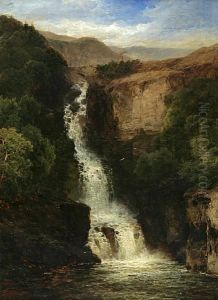 A View Of A Waterfall In A Mountainouslandscape by James Burrell-Smith