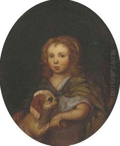 Portrait of a young girl, half-length, in a green wrap, a dog by her side Portrait of a young girl, half-length, in a green wrap, a dog by her side