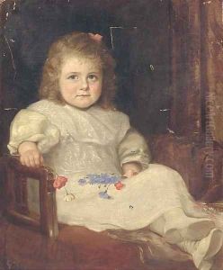 Portrait of a young girl, seated full-length, in a white dress, holding cornflowers and poppies in her hands