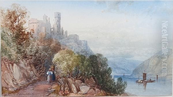 River Scene, Possibly Cherbourg Castle With Figures In The Foreground - view 1