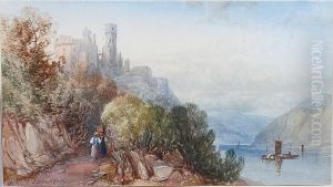 River Scene, Possibly Cherbourg Castle With Figures In The Foreground