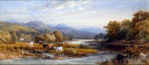 An Extensive Summer River Landscape With Cattle, Fishing From A Boat