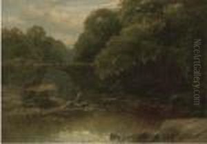 An Angler In A Rocky River With A Bridge Beyond by James Burrell-Smith