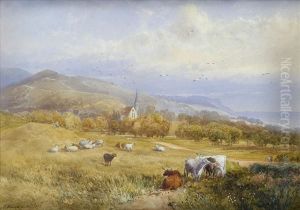 Cattle Andsheep In An Extensive Summer Landscape, Figures And Church Beyond