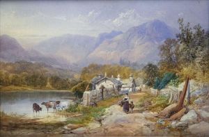 A Lakelandvillage, With Figures, Cattle Watering by James Burrell-Smith