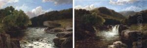 Anglers By A Rapid; And A Waterfall In A Mountainouslandscape