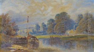 A Barge Moored On A River, With Cattle Grazing Before A Hamlet Beyond