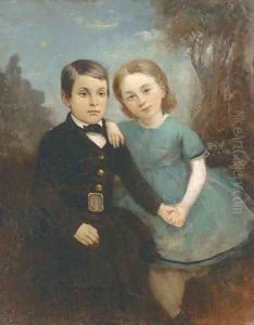Portrait of two children, full-length, the girl in a blue dress and the boy in a black suit, in a landscape Portrait of two children, full-length, the girl in a blue dress and the boy in a black suit, in a landscape