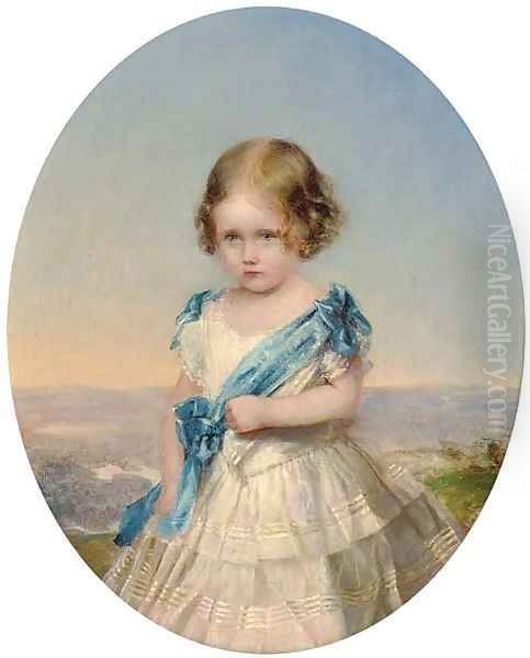 Portrait of young girl, three-quarter-length, in a white dress with blue sash, a landscape beyond - view 1