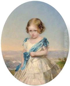 Portrait of young girl, three-quarter-length, in a white dress with blue sash, a landscape beyond by English School