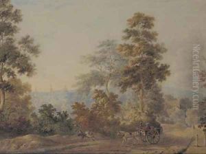 Resting at the roadside with the spires of Oxford beyond by English School