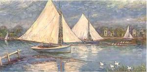 Sailing vessels on a river by English School