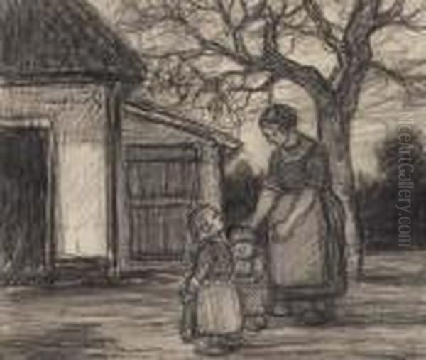 Mother And Children In Front Of A Farm - view 1