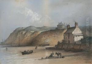Beach Scene With Boats, Figures And A Donkey On The Shore