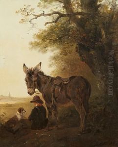 A Boy With Donkey And Dog Resting Beneath An Old Oak Tree by Edward Robert Smythe