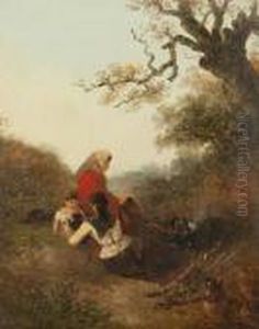 Gypsy Woman And Her Children By A Camp Fire by Edward Robert Smythe