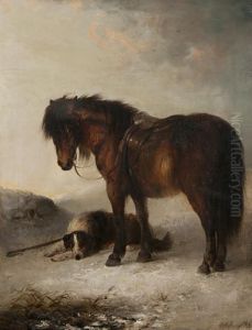 Bay Pony With Sheepdog And Crook In The Snow