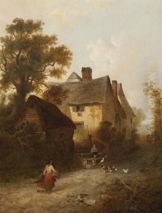Mother And Child And A Little Girl With Chickens Before A Farmhouse by Edward Robert Smythe