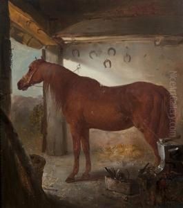 A Chestnut Horse In A Forge Interior