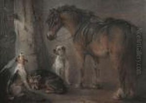 Three Dogs And A Chestnut Pony In A Stable