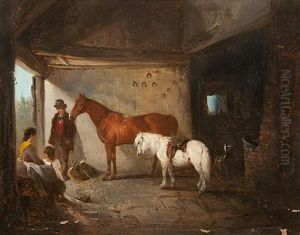 Mother And Child With A Young Man, Chestnut Hunter And Grey Pony In A Smithy Doorway by Edward Robert Smythe