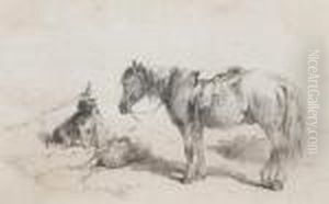 Pony And Dog Waiting By A Basket