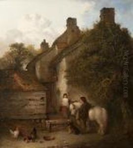 Children With Grey Pony, Spaniel And Chickens At A Cottage Doorway by Edward Robert Smythe