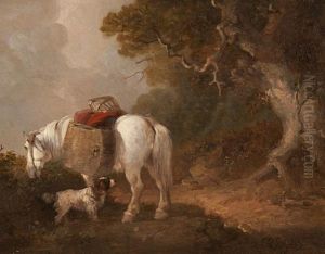 White Pack Horse And A Dog Beside An Oak Tree White Pack Horse And A Dog Beside An Oak Tree