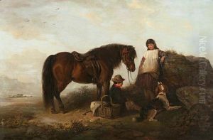 Waiting - A Boy And Girl With Bay Pony, Dog And Picnic Basket