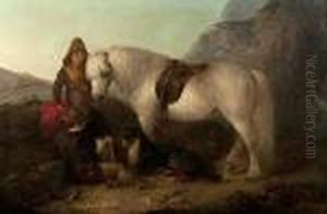 Girl And Boy With A Grey Pony And A Dog In An Upland Landscape