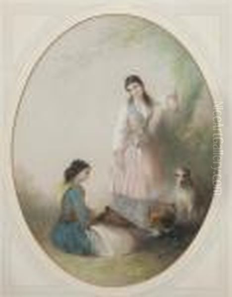 A Man Playing A Pipe To A Woman And Child - view 1