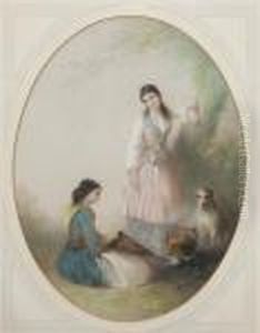 A Man Playing A Pipe To A Woman And Child A Man Playing A Pipe To A Woman And Child