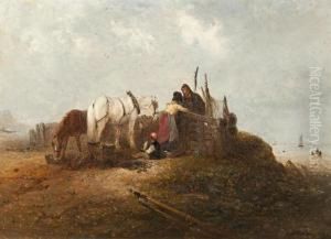 Figures In Conversation On A Beach With Ponies And Figures Beyond