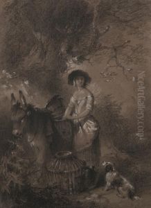 Woman With Her Laden Donkey, A Dog And Birdcage By A Tree
