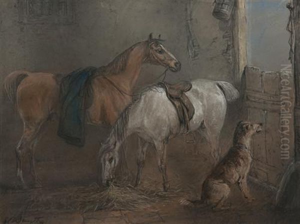 Two Bay Hunters And A Dog In A Stable Interior - view 1