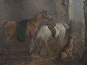 Two Bay Hunters And A Dog In A Stable Interior by Edward Robert Smythe