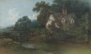 Thatched Cottage With Footbridge In An Extensive Wooded Landscape Thatched Cottage With Footbridge In An Extensive Wooded Landscape
