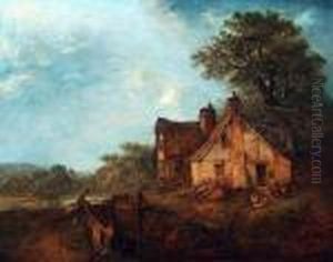 Figures And Chickens Before A Country Cottage