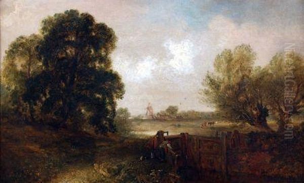 Anglian Landscape With Figure And Dog By A Lock - view 1