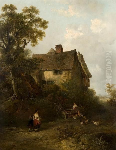 Figures And Chicken Before A Cottage - view 1
