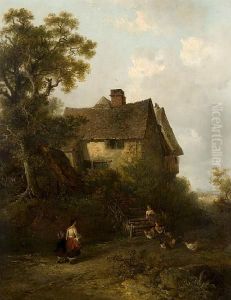 Figures And Chicken Before A Cottage