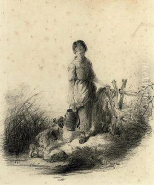 A Girl Fetching Water From A Stream With Her Dog - view 1