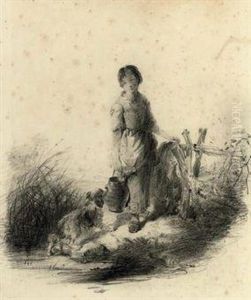 A Girl Fetching Water From A Stream With Her Dog by Edward Robert Smythe
