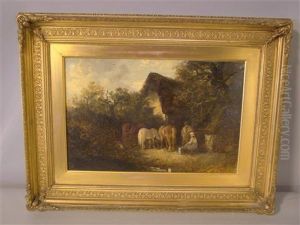 Country Folk With Horses Outside Their Cottage by Edward Robert Smythe