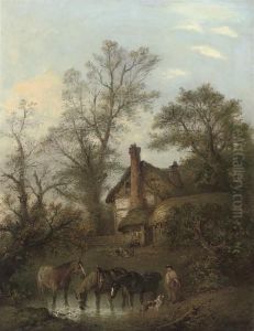 Horses Watering Before A Thatched Cottage